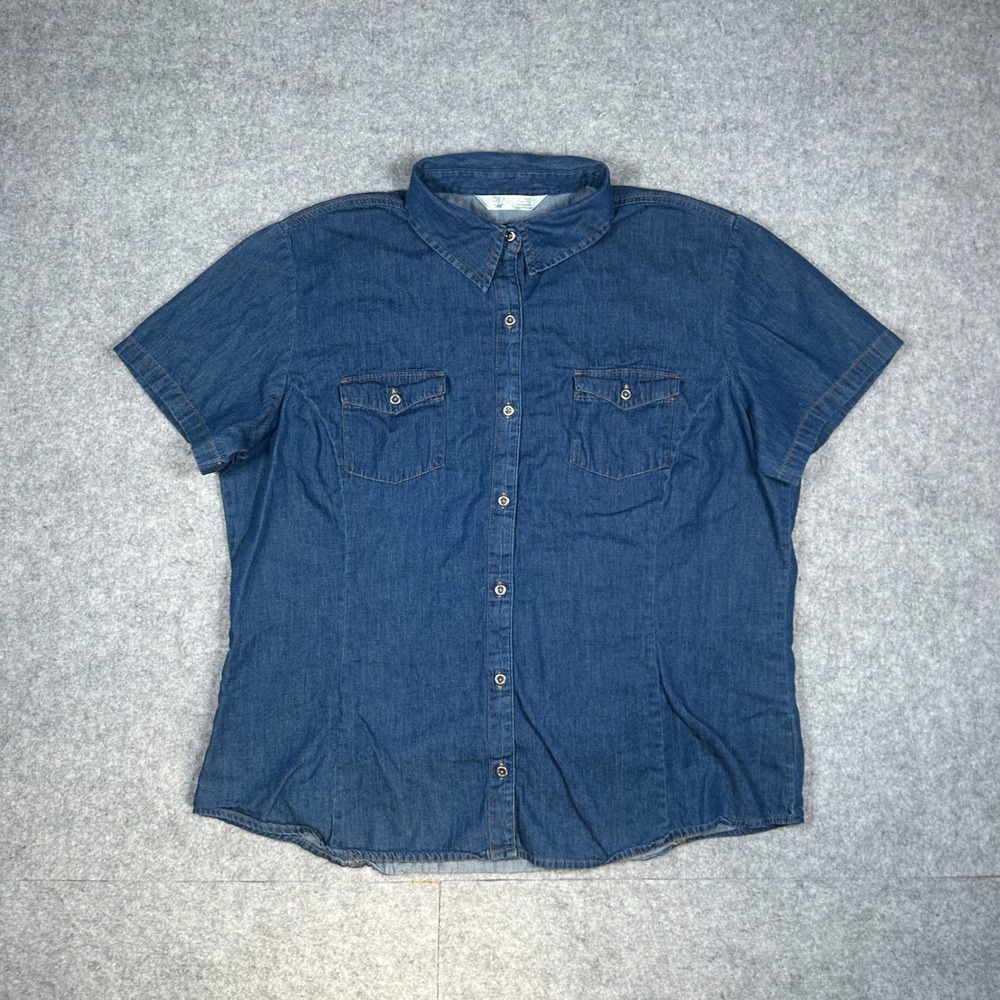 Riders by Lee Denim Shirt Womens XL Blue Short Sleeve Button Up Casual Workwear